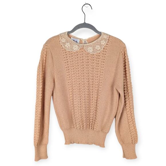 Vintage Petites by R&K Tan Open Knit Cream Lace Peter Pan Collared Sweater Small - Picture 1 of 8